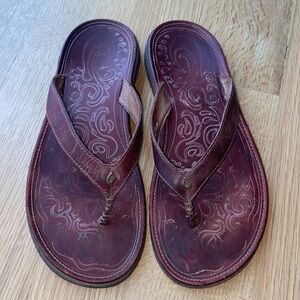 OluKai Paniolo Leather Strap and Footbed Brown Flip Flops Sandals Women’s 8